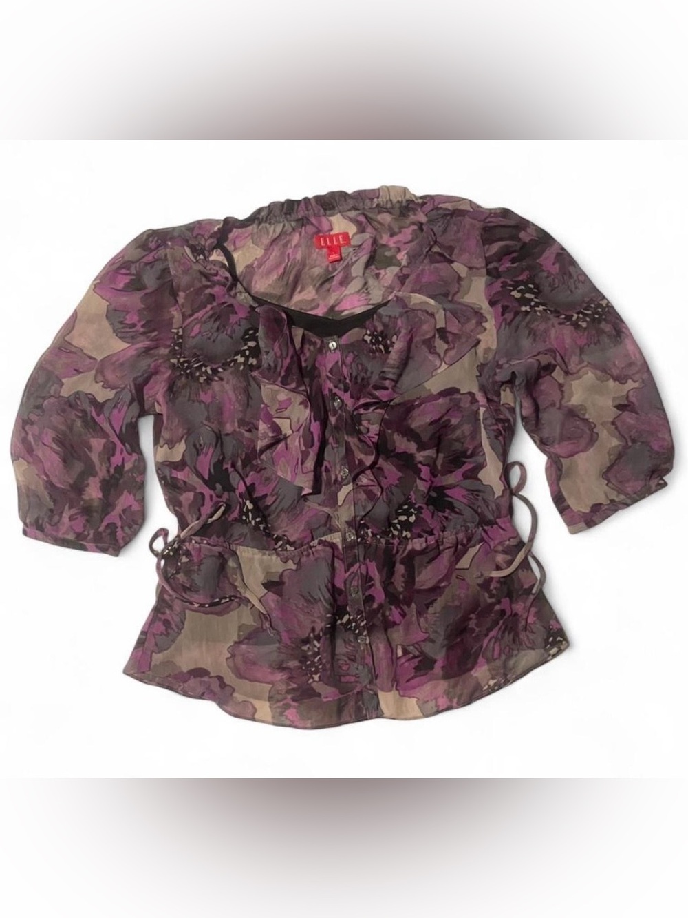 ELLE Purple Floral Sheer Button-Front Blouse with Tie